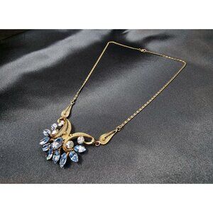 Rare Find Vintage Van Dell Gold-Tone Necklace With Blue Rhinestones Floral